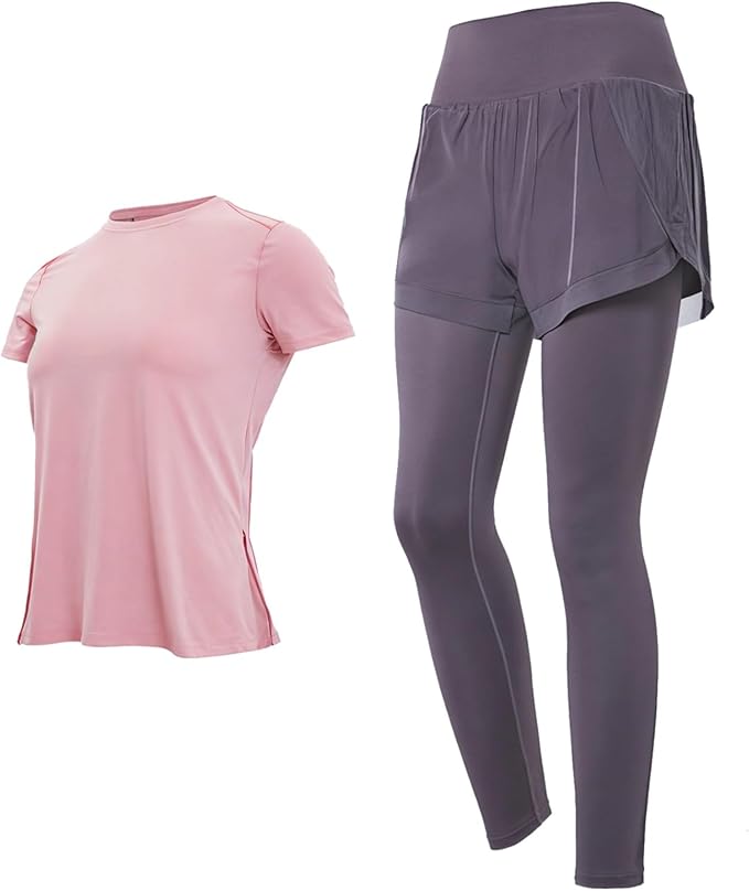 Women'S Pilates Outfit Set, Black, Stretchy Fabric, Short Sleeve Two Piece, Casual And Sports Xxl