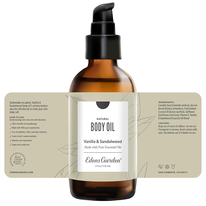 Edens Garden Vanilla Sandalwood Bath & Body Oil – Luxury Aromatherapy Blend with Pure Essential Oils & Vitamin E for Smooth, Hydrated Skin – After Shower Moisturizer for Women & Men, 4 fl oz (118 ml)
