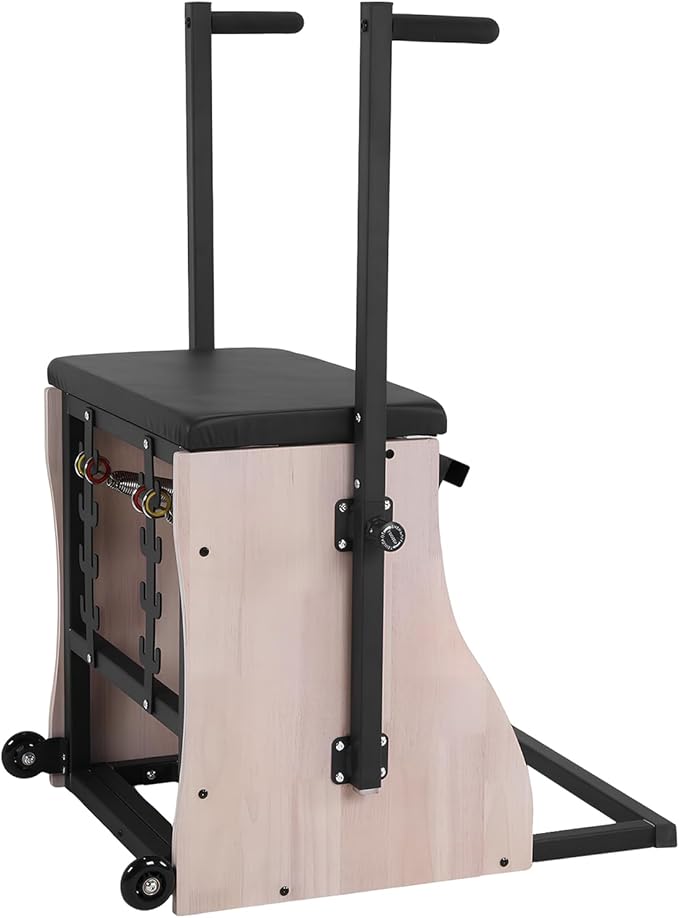 Oak Wood Pilates Chair Yoga Fitness Trainer with Adjustable Resistance Springs Split Pedal Handles Balanced Body Chair for Studio Gym Workout Rehabilitation Exercises