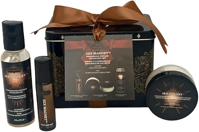 3 Piece Set Pheromone Infused Collection Set, Pheromone Infused Massage Oil - Unisex Leatherkam Scent - Massage Oil Candle, Roller Ball, Complete Pheromone Collection Set in Gift Tin (Leather)