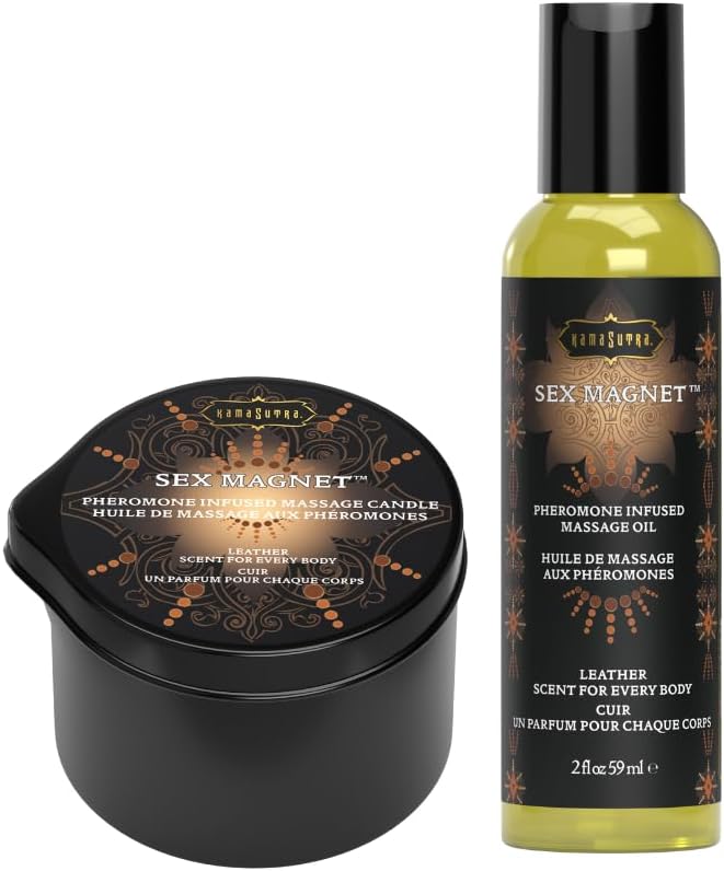 Kama Sutra Leather Pheromone Massage Bundle 2oz Massage Oil and Candle
