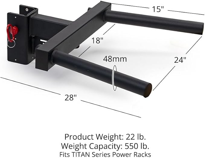 Titan Fitness Y-Dip Bar Fits TITAN Series Power Racks, Rack Mounted Dip Attachment, 550 LB Capacity, Dip Bar Station for Tricep Dips, Bodyweight Training, Calisthenics, Squat Rack