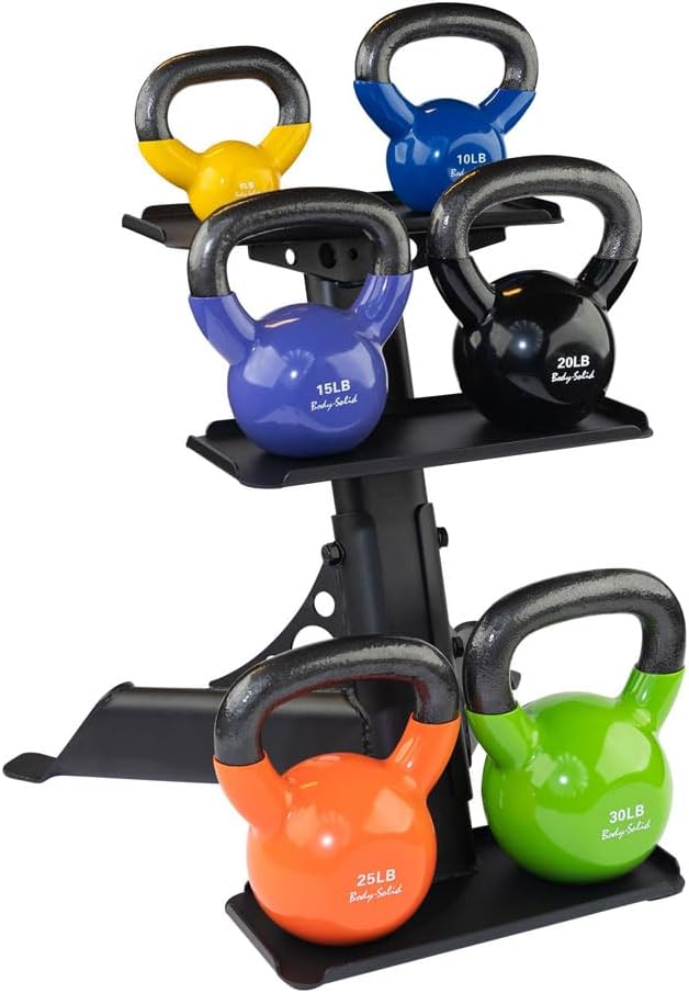 Body-Solid (GDKR50B) 3-Tier Kettlebell Rack - Compact, Durable Kettlebells Weight Stand for Home Gym, Fits 5-50 lb Kettle bells