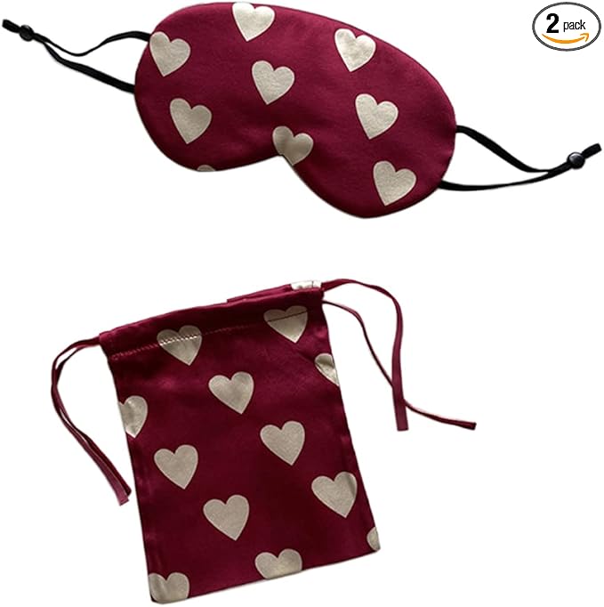 Red Heart Silk Sleep Eye Mask Storage Bag Set Women Adjustable Soft Mulberry Silk Blackout Eye Cover for Yoga Travel Nap Hanging Ear
