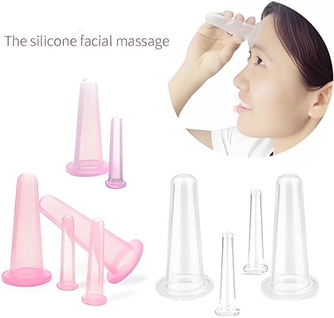 4Pcs Silicone Facial Cupping Therapy Set Mini Facial Cups Manual Body Face Massage Tool Don't Worry About Burns Health Care Products (2 Small + 2 Large) (Pink)