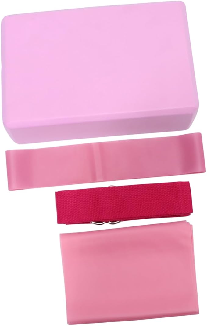 POPETPOP 1Set Yoga Tool Kit Includes Yoga Brick Resistance Ring Stretch Band and Towel Lightweight and Durable Fitness Accessories for Home Gym Pink Color