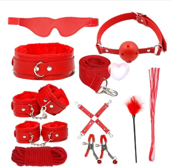 Fashion 10 Piece Leather Pilates Indoor Training Set, New Eye Mask for Fun Wrist and Hip Exercises Cosplay Accessories [Red], Couple Gift