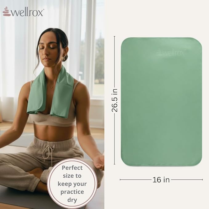 Wellrox Microfiber Yoga Hand Towel – Super Soft, Quick-Dry, Non Slip Yoga Towel for Hot Pilates, Gym & Workouts (26.5" x 16", Green)