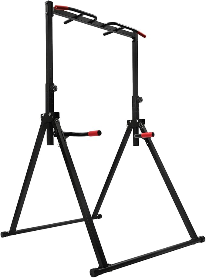 Foldable Pull Up Bar Stand, 440Lbs Free Standing Power Tower with Adjustable Height & Stable Triangular Structure Pull Up Dip Station Gym Strength Training Equipment for Living Room Bedroom Gym Etc