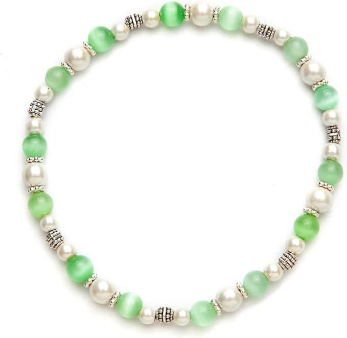Cats Eye Light Green and White Magnetic Hematite Stretch Wellness Anklet(Size Large - 10")