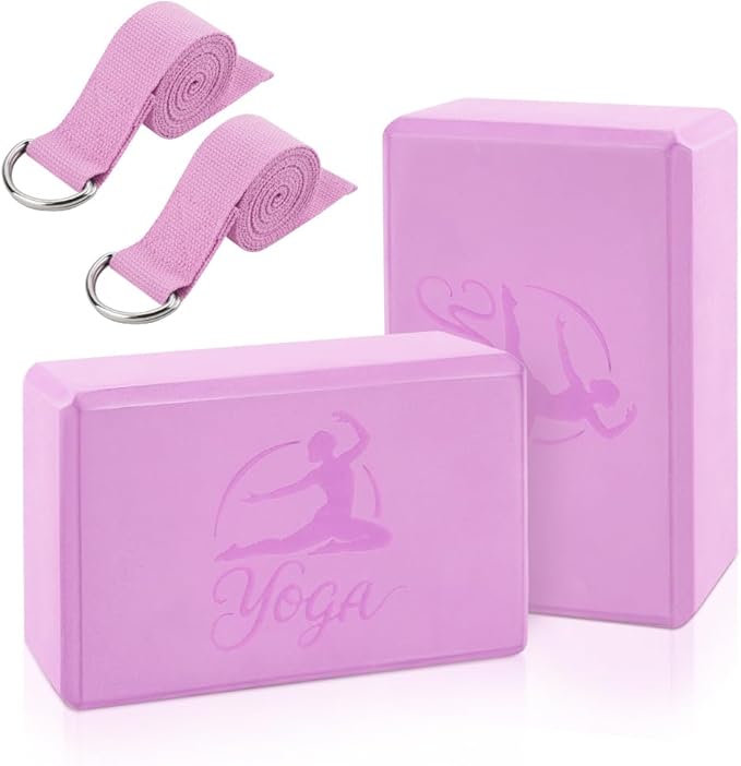 2 Yoga Block and 2 Yoga Strap Set,Non-slip EVA Foam Blocks, High Density Yoga Bricks with 6ft Strap, Supportive Latex-Free Yoga Block Accessories for Pilates