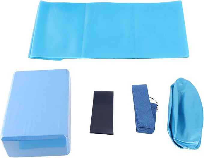 5 Piece Yoga Set, Fitness Equipment with Yoga Ball, Block, Stretch Belt, Latex Towel and Resistance Loop, Blue Exercise Kit for Home Gym