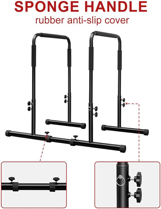 Multi-Function Fitness Dip Bar Stand Total Body Strengthener Pull Up Bar with Adjustable Height Heavy Duty Station Stabilizer Parallette Push Up Stand for Home Gym Strength Training