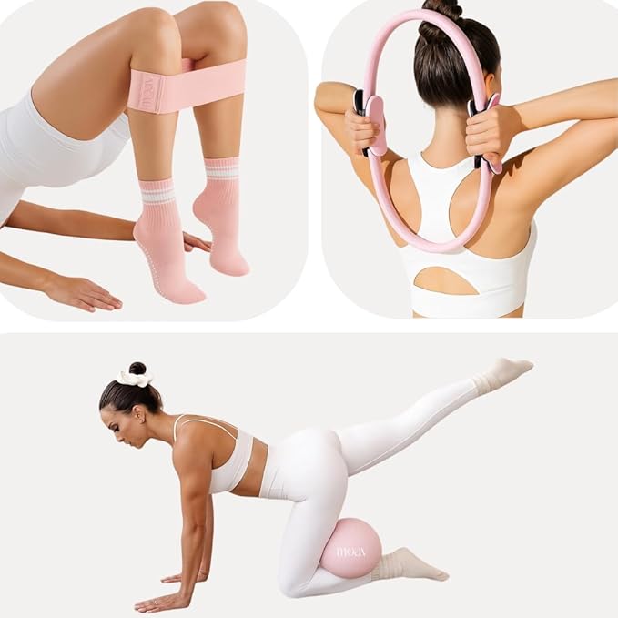 MOAV Premium Pilates Essentials Kit - 14" Ring with Cushioned Handles, Mini Ball with Pump, & 3 Durable Fabric Resistance Bands for Full Body Home Workouts