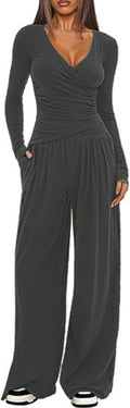 Womens 2 Piece Outfits Pilates Yoga Long Sleeve Tops Wide Leg Pants Sets Sexy Fashion Workout Outfits Casual Clothes