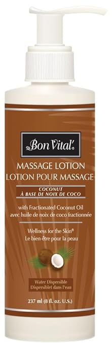 Bon Vital' Coconut Massage Lotion, 8 oz, Lightweight Formula with Pure Fractionated Coconut Oil, Professional Therapy Lotion, Hydrating and Unscented