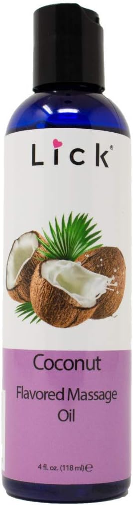 Lick Coconut Flavored Massage Oil – Tropical Edible Massage Oil with Sweet Almond Oil & Vitamin E, Hydrating Body-Safe Formula for Relaxing Couples Massage, 4 oz