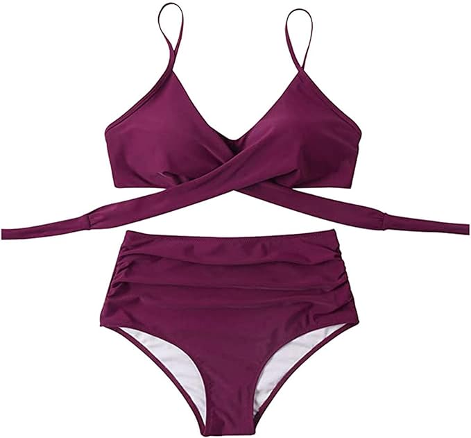 Womens Front Cross Ruched Bikini Set Twist Wrap Swimwear High Waisted Bottoms Print Straps Push Up Swimsuits