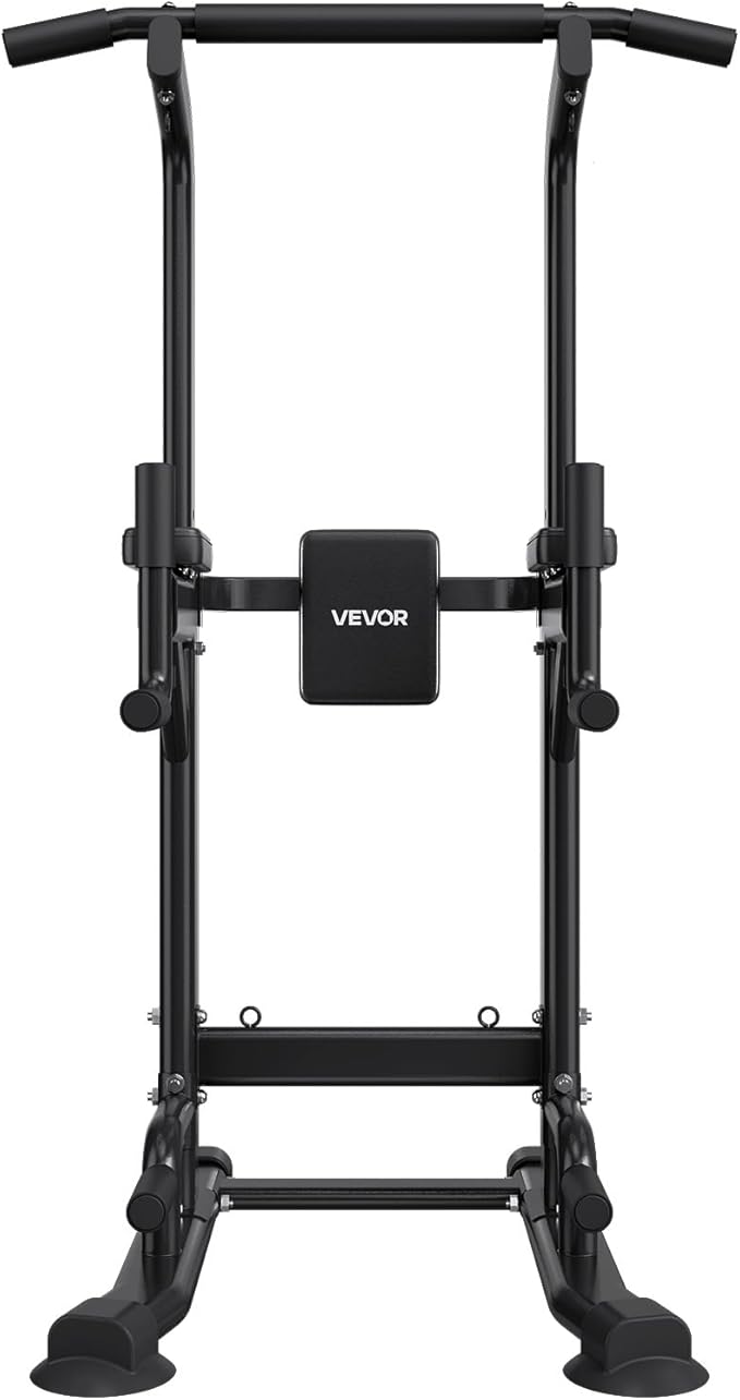 VEVOR Pull Up Bar, 330 LBS Power Tower Dip Station, Workout Dip Station with H-Shaped Stable Base & Back Pad, Adjustable 12 Level Height Free Standing Chin Up Bar for Back, 4-Level Adjustable Back Pad