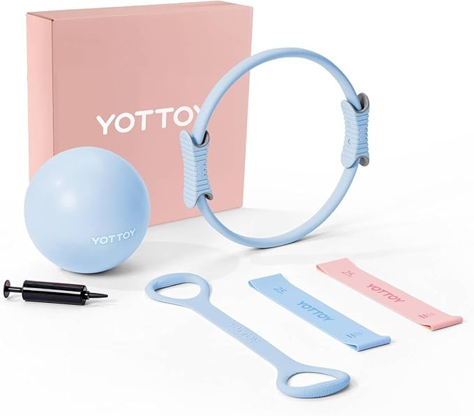 YOTTOY Pilates Ring and Ball Set, Figure 8 Resistance Bands, Stretch Bands&Guide,Pilates Equipment Set for Beginners for Home Workouts Core Strength, Yoga, Physical Therapy & Rehab