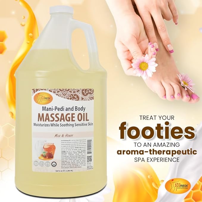 SPA REDI - Massage Oil, Milk and Honey, 128 Oz - Professional Pedicure, Manicure, Full Body Massage Therapy - Made With Almond, Cotton Seed, Sunflower, Avocado, Essential Oils, Vitamin E