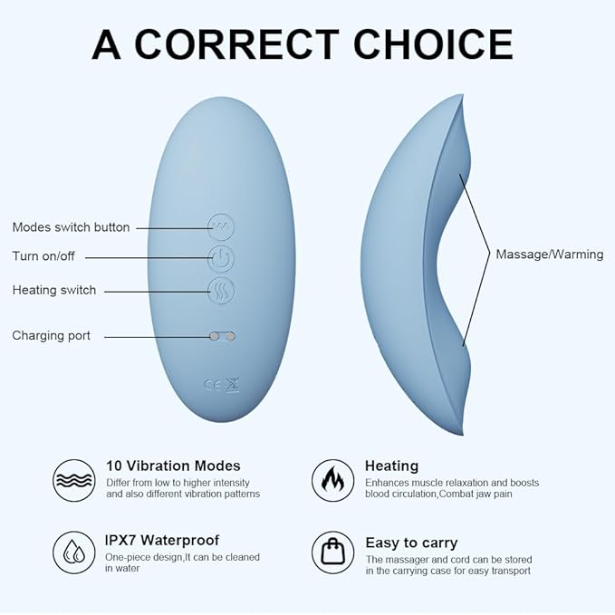 TMJ Relief Products Jaw, TMJ Relief Massager, Ergonomic TMJ Massage Tool - Gentle Vibrations and Heat for Pain Relief, Tension, and Stiffness