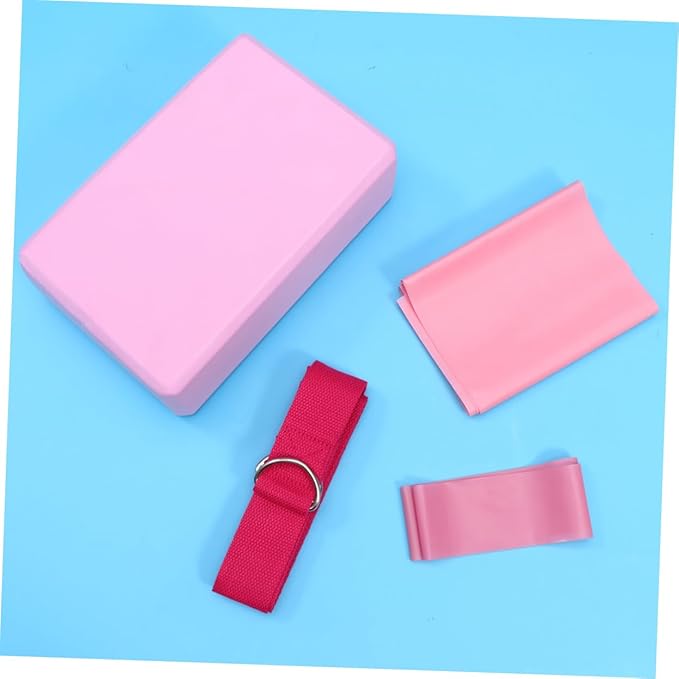 POPETPOP 1Set Yoga Tool Kit Includes Yoga Brick Resistance Ring Stretch Band and Towel Lightweight and Durable Fitness Accessories for Home Gym Pink Color