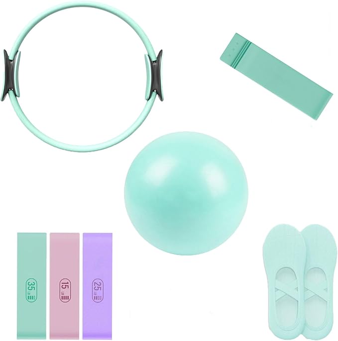 Pilates Ring Set, 14" Magic Circle, Long & Loop Resistance Bands, Soft Pilates Ball, Grip Socks,Puller, Home Workout Equipment for Women & Beginners to Tone, Flexibility & Core Strength