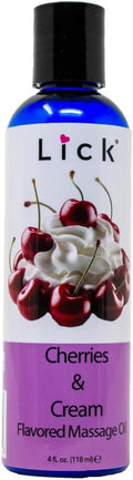 Lick Cherries and Cream Indulgence Flavored Massage Oil – Romantic, Sweet, Non-Sticky, Couples, 4 oz