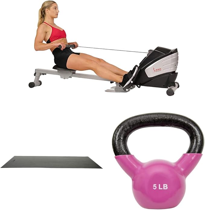 Sunny Health & Fitness Dual Function Magnetic Rowing Machine w/Digital Monitor, Multi-Exercise Step Plates, 275 LB Max Weight and Foldable - SF-RW5622