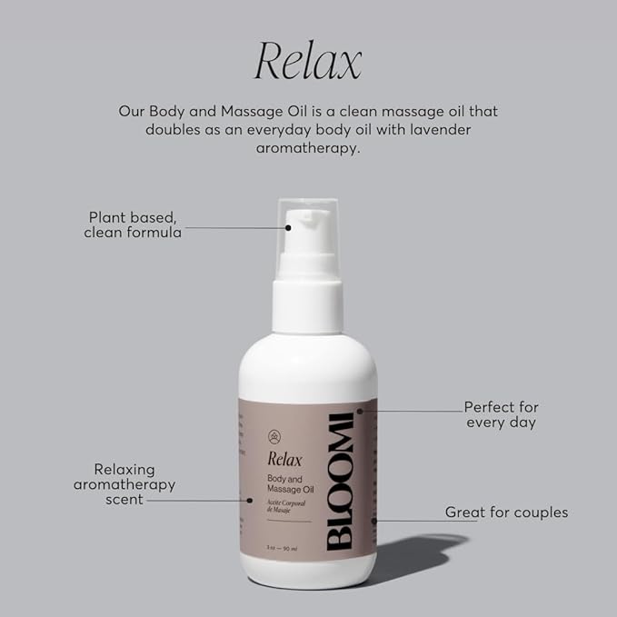 Bloomi Relax Body & Massage Oil, 3oz - Calming Lavender Oil for Relaxation, Stress Relief, Skin Hydration & Moisturizing Therapy, Ideal for Self Care (1)