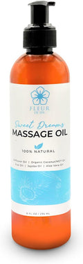 Massage Oil 8oz Pump by FLEUR DE SPA – Luxurious Therapeutic Body Oil – Made in USA – Safflower & Organic Coconut with Acai Berry – Soothes Sore Muscles, Relieves Stiffness, Anti-Cellulite