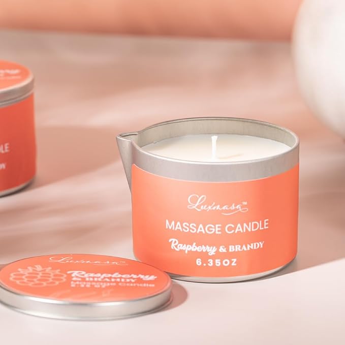 Natural Soybean Massage Candles for Massage Therapy-Romantic Candles for SPA Treatment-Body Oil Candle for Relaxation 6.35OZ (Raspberry & Brandy Scent)