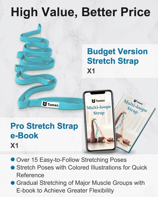 Tumaz Stretching Strap - 10 Loops & Non-Elastic Yoga Strap - Perfect Home Workout Stretch Strap for Physical Therapy, Yoga, Pilates, Flexibility