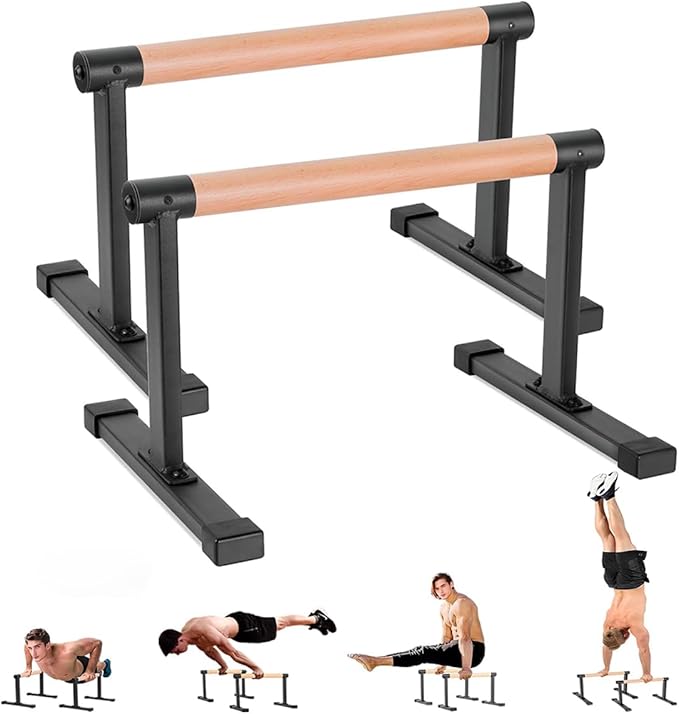 Wooden Parallel Bars 20" Length 12" Height,Dip Bar with Thick Beech Handles, Push-up stands for Handstand, L-Sit, Gymnastics, Strength Training Home Gym,Anti-slip Mats, Easy to Install,700lbs