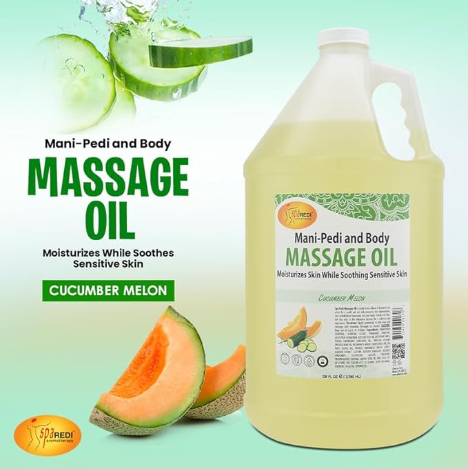 SPA REDI - Massage Oil, Cucumber and Melon, 128 Oz - Professional Full Body Massage Therapy, Made with Almond Oil, Cotton Seed Oil, Sunflower Oil, Avocado Oil, Essential Oils and Vitamin E