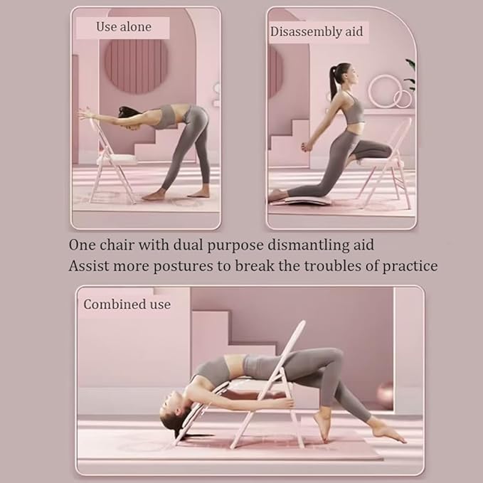 Pilates Yoga Chair,Professional Iyengar Auxiliary Chair,Hardened Thick Yoga Folding Chair,Solid Anti-Slip,Foldable and Portable Backless Chair,Pink- Yoga Chair (with Waist Drag)