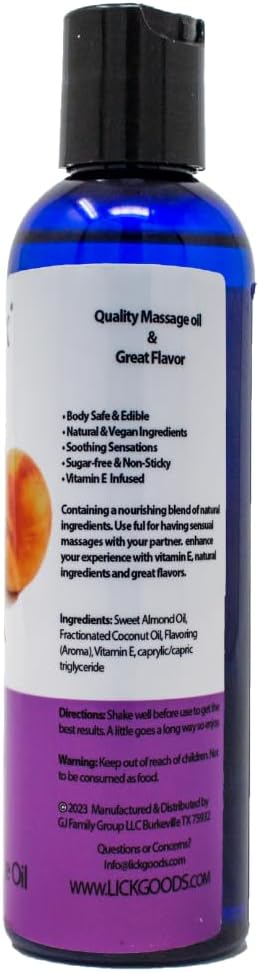 Lick Peach Mango Flavored Massage Oil – Juicy Tropical Blend Edible Massage Oil with Vitamin E, Lightweight Smooth Glide for Couples Massage & Sensory Play, 4 oz