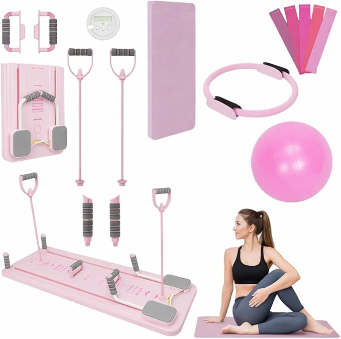 Pilates Board Workout Set for Home Gym, Foldable Pilates Reformer Board with Resistance Bands, Pilates Ring & Ball, Core Glutes Full Body Training Equipment