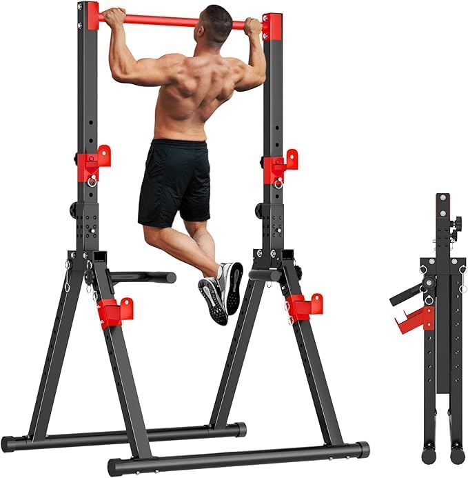 SogesHome Power Tower Dip Station Pull Up Bar for Home Gym, Adjustable & Foldable Multifunction Fitness Workout Station with Triangular Stability Design for Strength Training