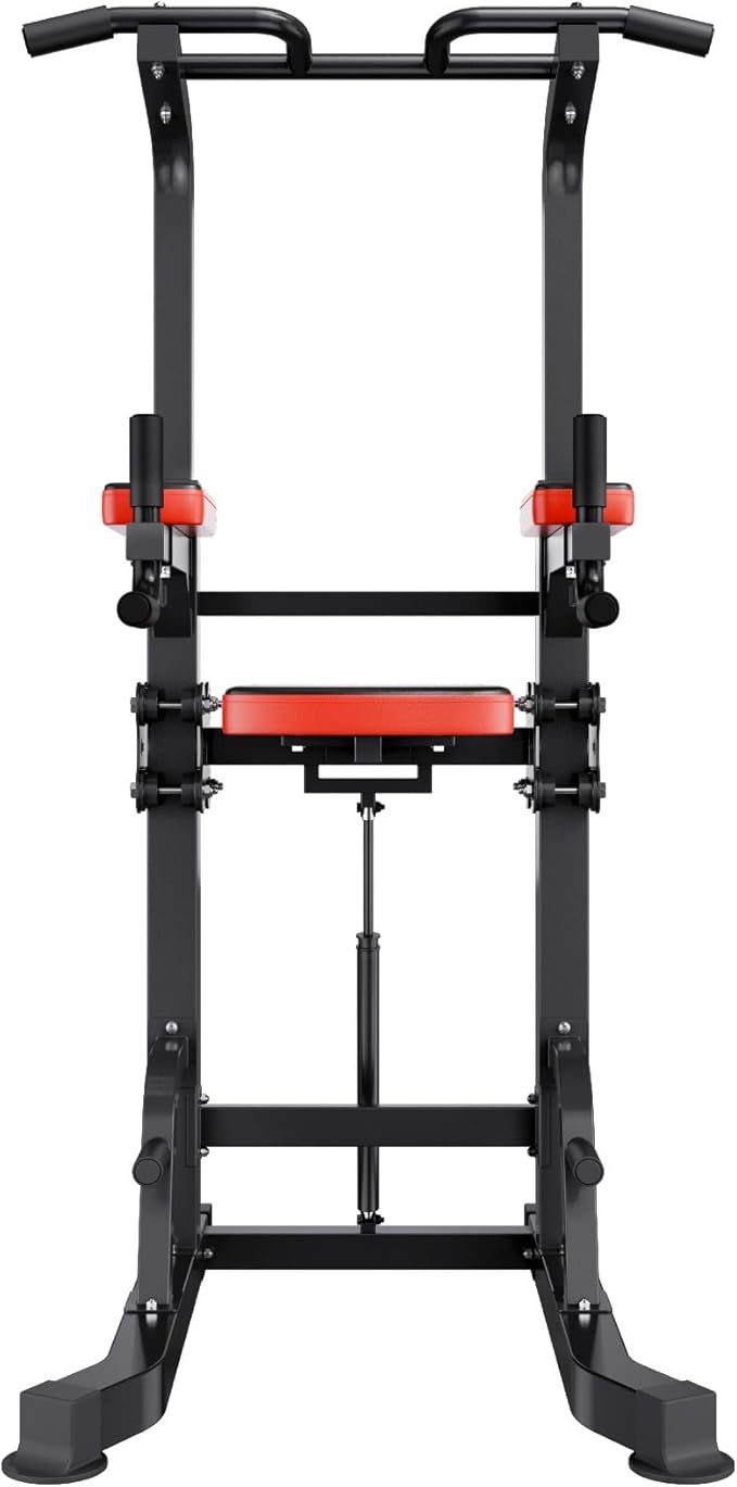 VEVOR Pull Up Bar, 330 LBS Power Tower Dip Station, Workout Dip Station with H-Shaped Stable Base & Assistance Platform, Adjustable 9 Level Height Pullup Stand for Back, 3-Level Adjustable Elbow Pads