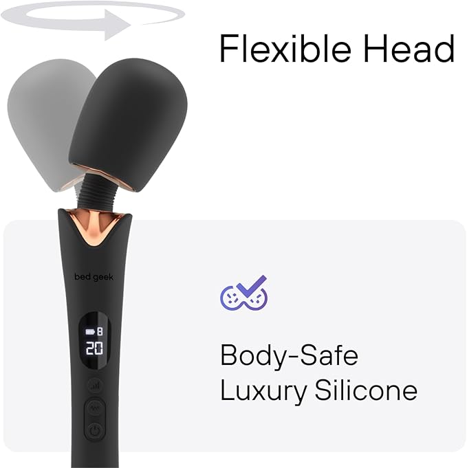 bed geek Cordless Wand Massager – Super Powerful Handheld Massage with 20 Speeds & 8 Patterns, Soft Silicone Head, Quiet Motor, LED Display, Body-Safe & Waterproof Black & Rose Gold