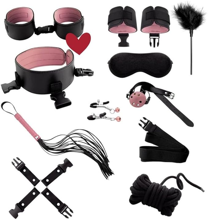 Pilates 10 Piece Fashion Design Leather Set (Pink Sponge Style), Fun Cosplay Accessories, Adjustable Hand and Foot Yoga Products, Couple Gifts