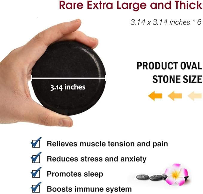 Maxdee Massage Stones Essential Hot Stones for Massage, 6 Large Hot Stones Massage Kit Hot Rocks Massage Stones for Professional or Home Spa, Foot Heater, Relaxing, Healing, Pain Relief, 3.14"