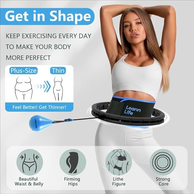 U2 Black-32 Knots 19”- 65”, Detachable & Size Adjustable Weighted Hula Hoop for Kids Adults Weight Loss, Infinity Hoop Plus Size, Abdominal Toner,5 Color Balls, Free Waist Trimmer&Wash Bag