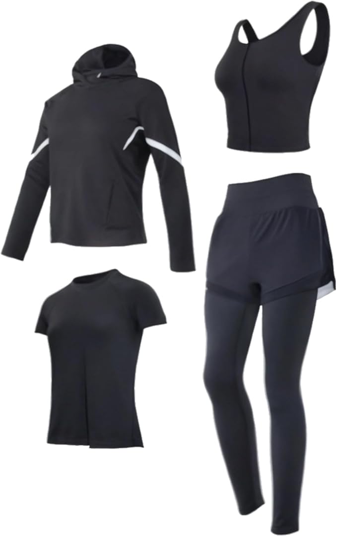 Women'S Pilates Set, Black Four-Piece Yoga Outfit With Jacket, Bra, Shorts, Pants, Xxl, Breathable, Anti-Pilling Fabric, Fits 5 Ft To 5 Ft 11 In, 110 To 330