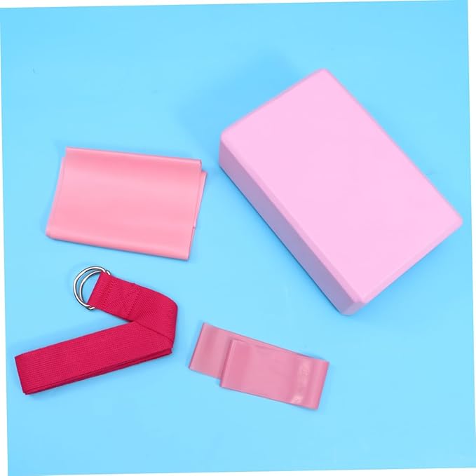 POPETPOP 1Set Yoga Tool Kit Includes Yoga Brick Resistance Ring Stretch Band and Towel Lightweight and Durable Fitness Accessories for Home Gym Pink Color