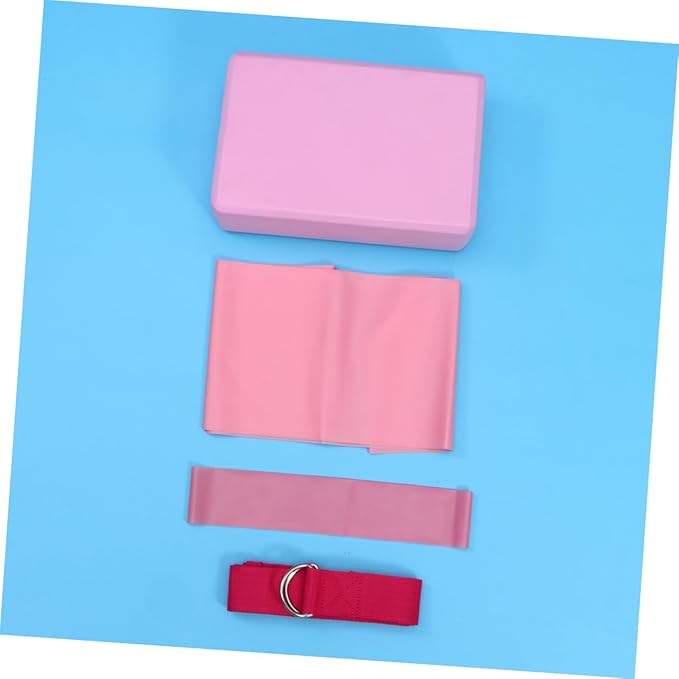 POPETPOP 1Set Yoga Tool Kit Includes Yoga Brick Resistance Ring Stretch Band and Towel Lightweight and Durable Fitness Accessories for Home Gym Pink Color