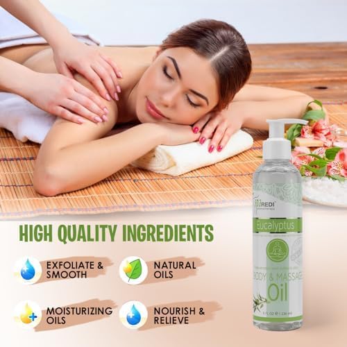 SPA REDI - Massage Oil, Eucalyptus, 8 Oz - Professional Full Body Massage Therapy, Manicure, Pedicure - Relax Sore Muscles and Repair Dry Skin, Enhanced with High Absorption Oils and Vitamin E