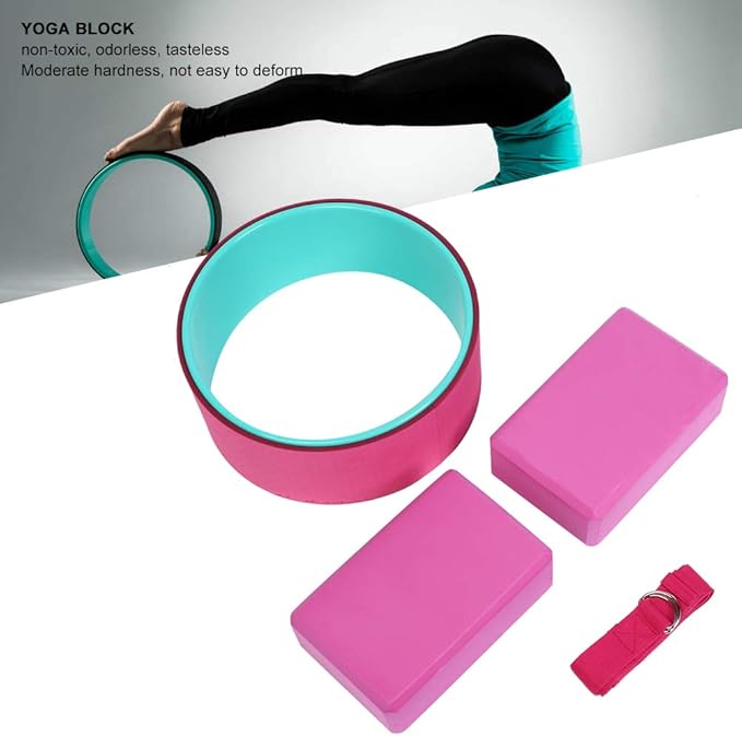 4pcs Yoga Wheel Set with Yoga Block and Stretch Strap, Premium EVA Foam Back Pain Relief Fitness Kit for Deep Stretching and Flexibility Training